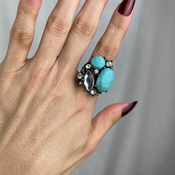 VTG Y2K Urban Outfitters Turquoise Howlite Rhinestone Statement Ring Gold 6-6.5 - Picture 9 of 16